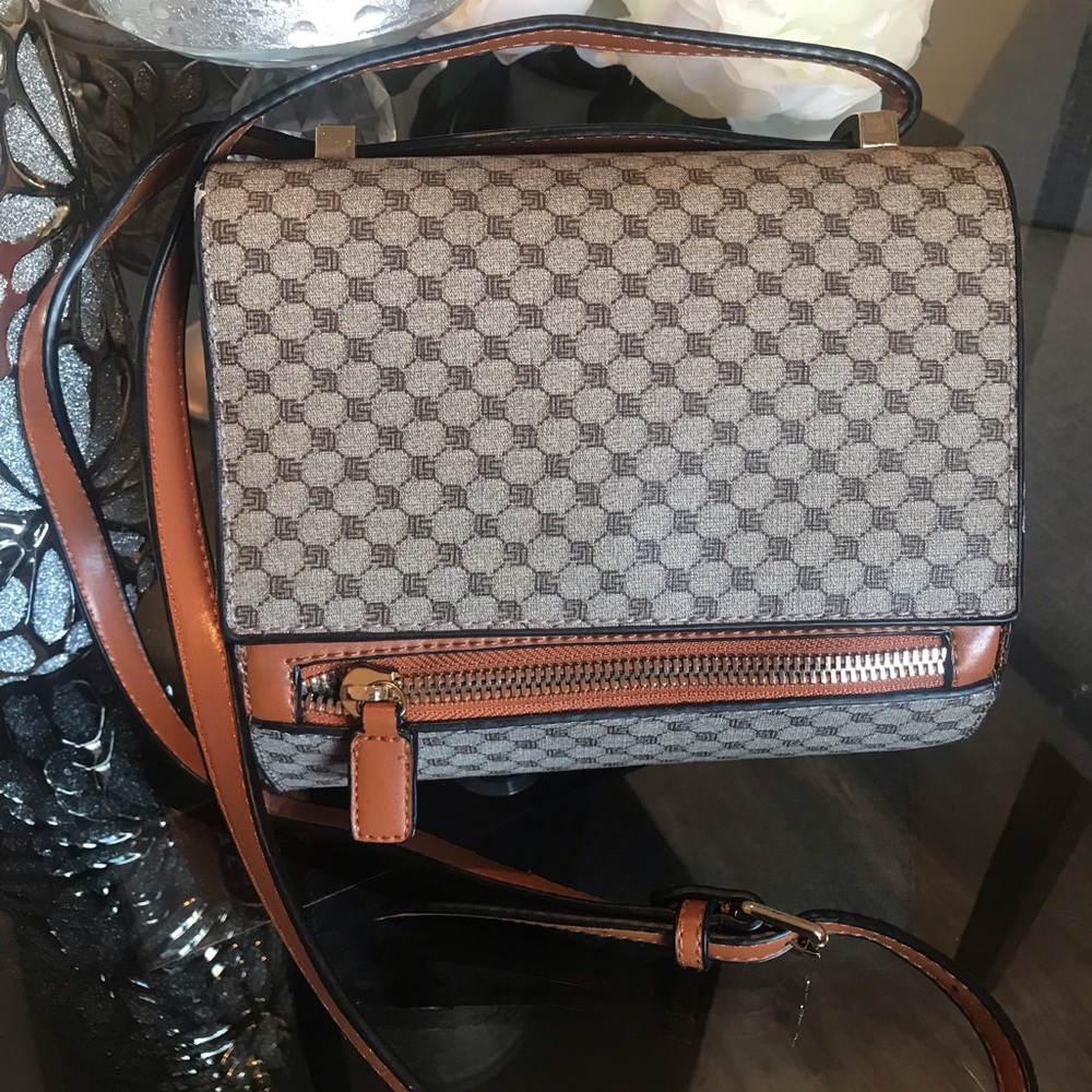 Beige & Brown Patterned Crossbody Bag with Front Zip